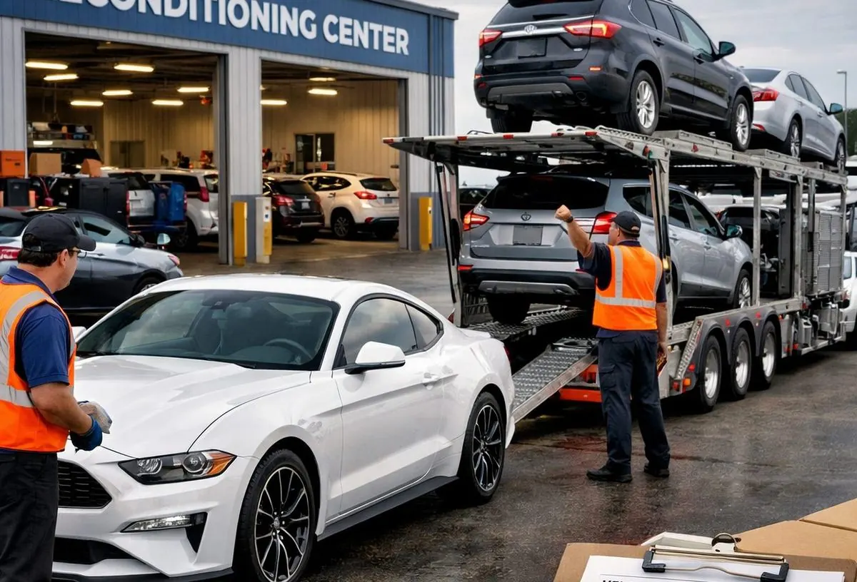 Vehicles being unloaded from a car hauler at a reconditioning center