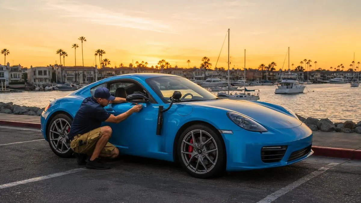 PDR technician working a dent at Newport Beach harbor