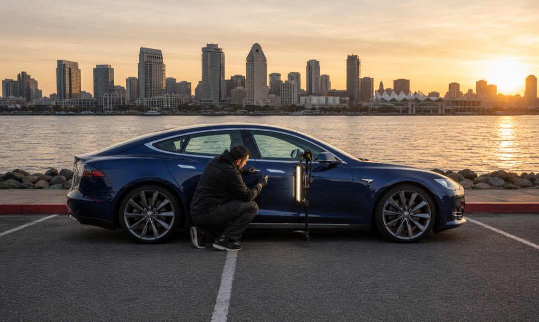 1-800-DENT-DOC technician performing paintless dent repair on a blue Tesla Model S at sunset